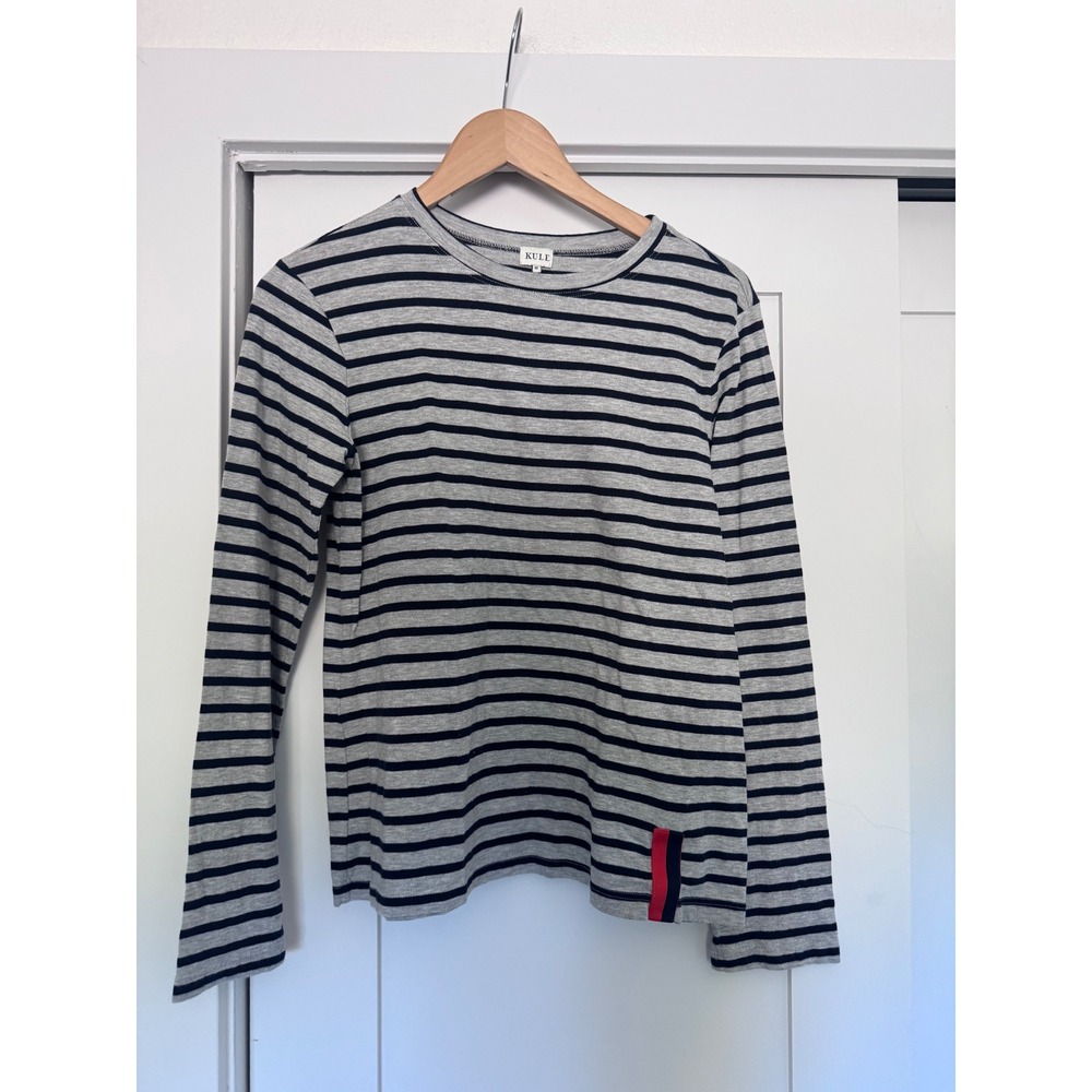 KULE Striped Long Sleeve Cotton Tee Grey Navy Blue Size M